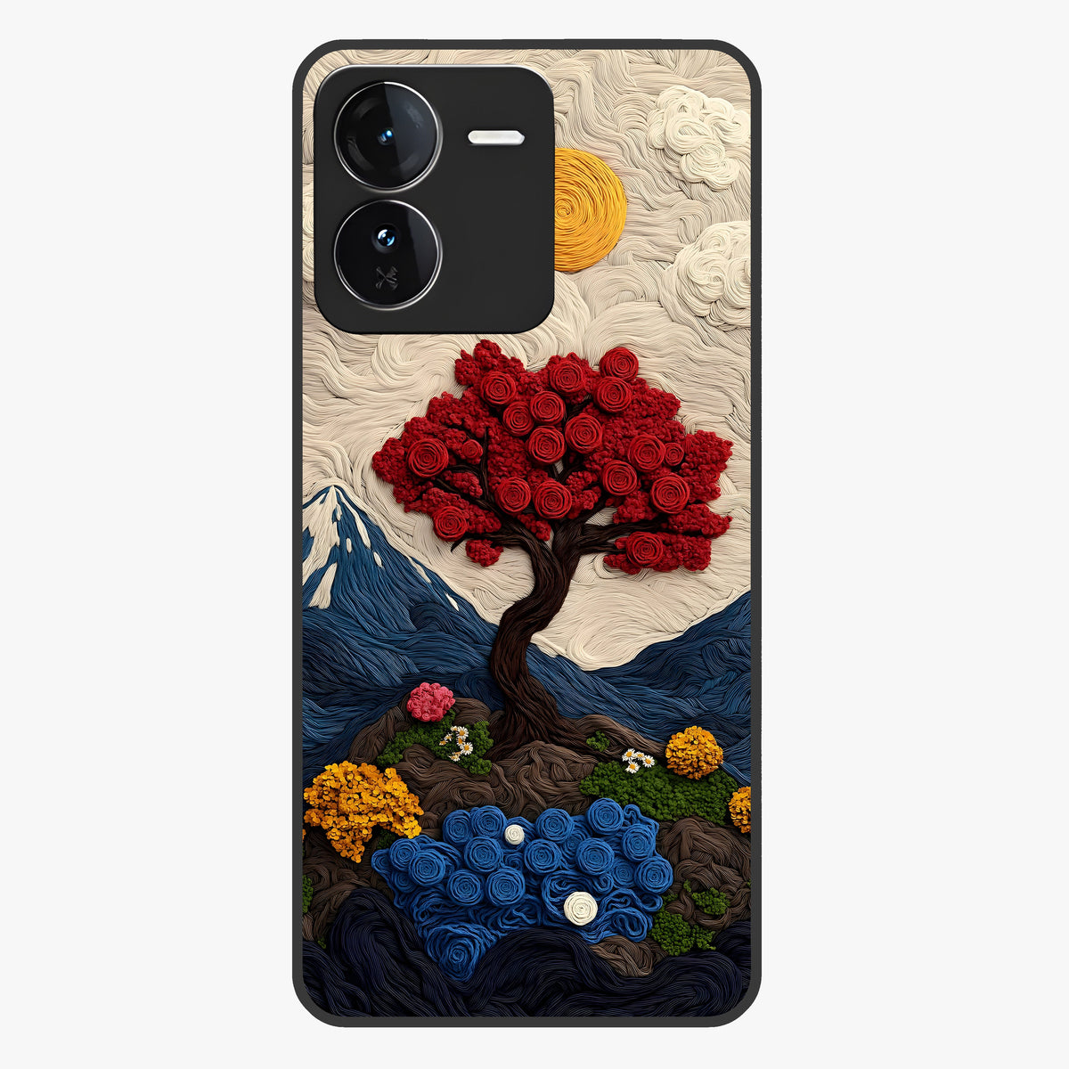 Eternal Nature Tapestry Glass Case showing flat back view with intricate nature tapestry artwork and glossy glass finish.