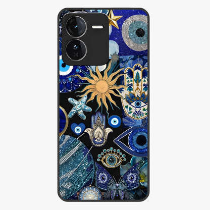 Evil Eye Charm Mix Glass Case showing flat back view with multiple evil eye charms artwork and glossy glass finish.