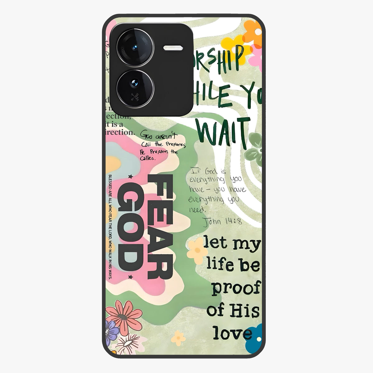 Faith Over Fear Glass Case showing flat back view with motivational typography artwork and glossy glass finish.