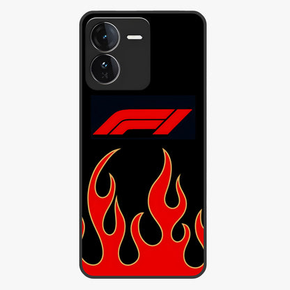 Fire F11 Glass Case showing flat back view with fiery themed artwork and glossy glass finish.