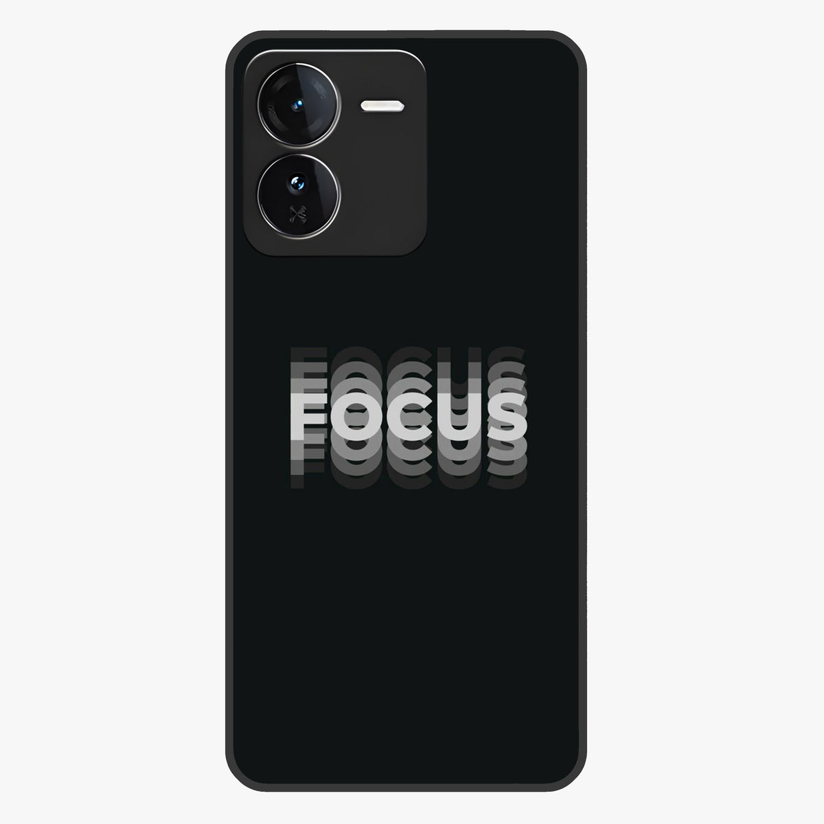 Focus Mode On Glass Case showing flat back view with bold motivational typography design and glossy glass finish.