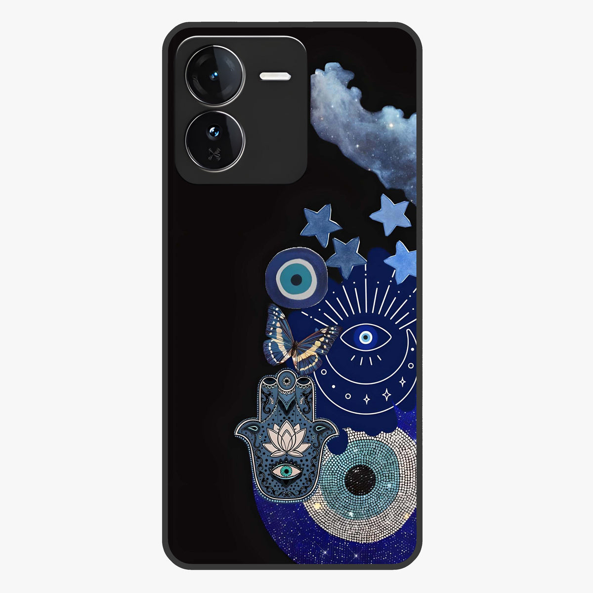 Galactic Charm Cluster Glass Case showing flat back view with glowing celestial charm artwork and glossy glass finish.