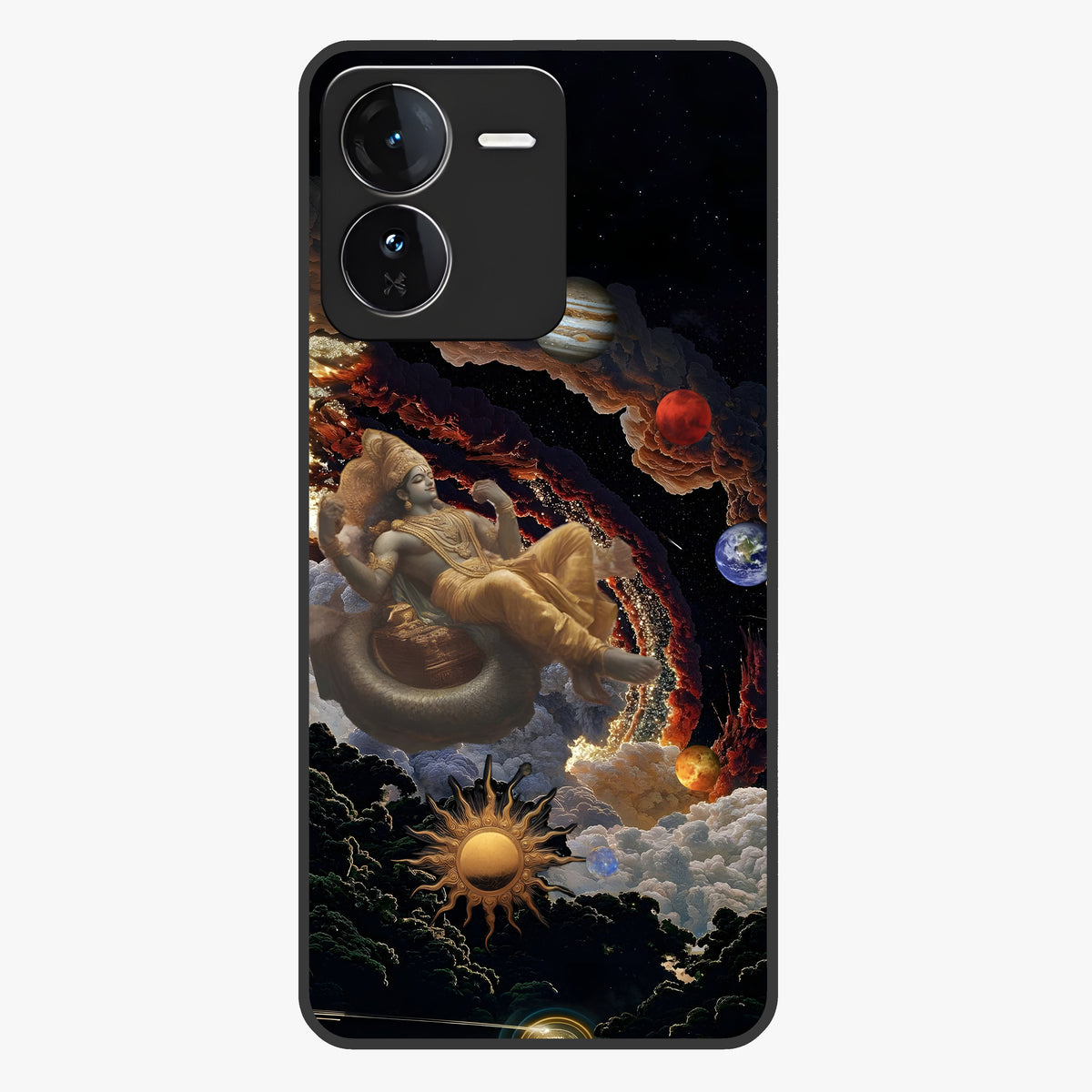 Galactic Divine God Glass Case showing flat back view with divine cosmic themed artwork and glossy glass finish.