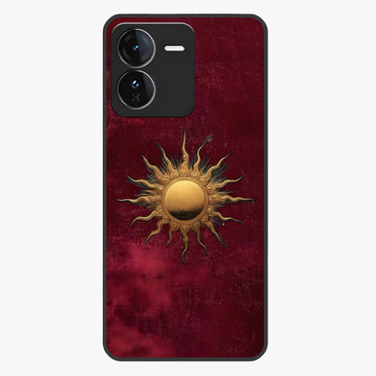Gold Sun Blush Glass Case showing flat back view with golden sun inspired artwork and glossy glass finish.