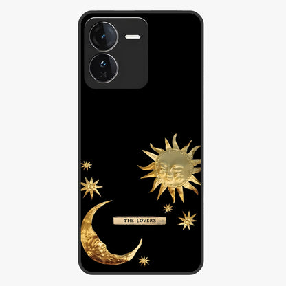 Golden Celestial Charm Glass Case showing flat back view with golden celestial charm artwork and glossy glass finish.