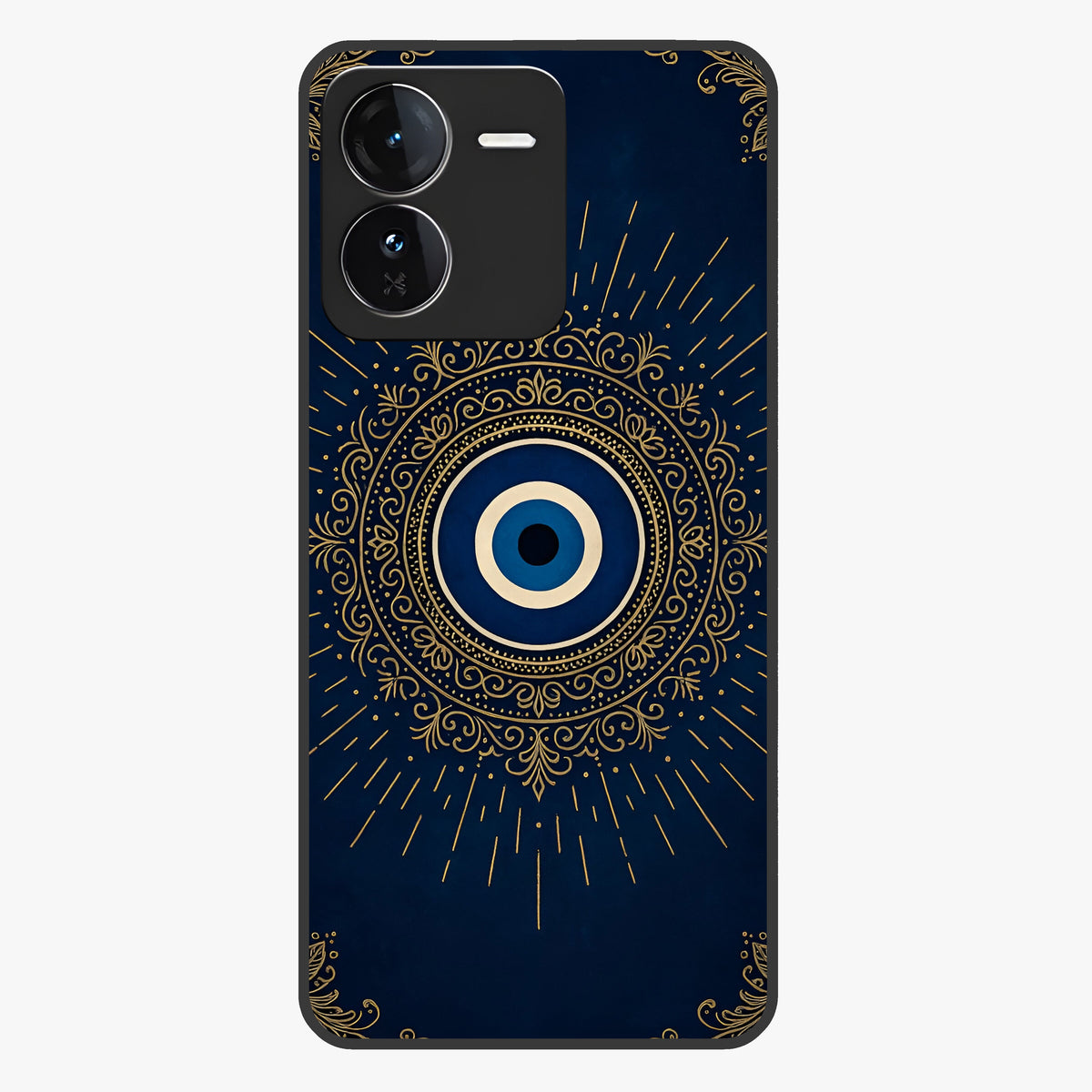 Golden Evil Eye Mandala Glass Case showing flat back view with intricate evil eye mandala artwork and glossy glass finish.