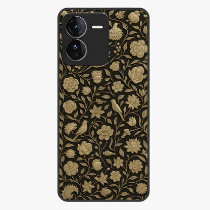 Golden Floral Majesty Glass Case showing flat back view with luxurious golden floral artwork and glossy glass finish.