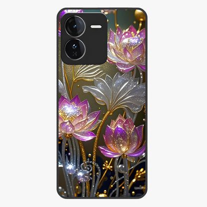 Golden Lotus Glow Glass Case showing flat back view with glowing lotus flower artwork and glossy glass finish.