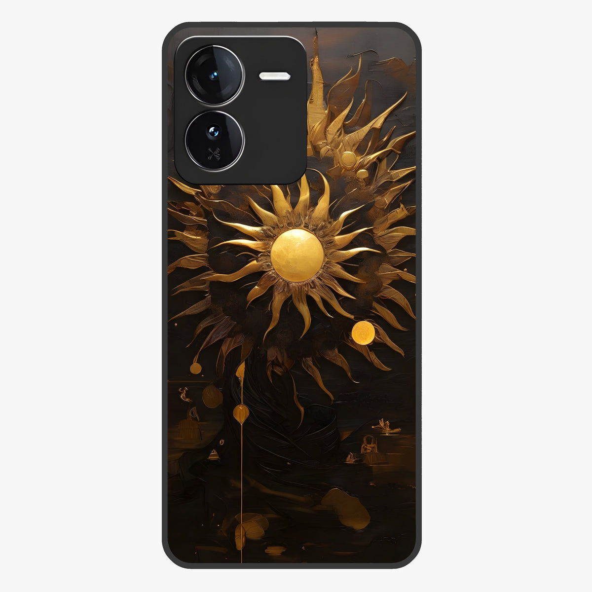 Golden Sun Majesty Glass Case showing flat back view with radiant golden sun artwork and glossy glass finish.