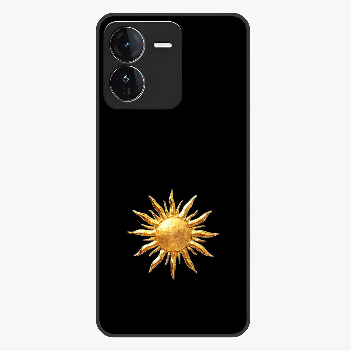 Golden Sun Minimalism Glass Case showing flat back view with minimal golden sun artwork and glossy glass finish.