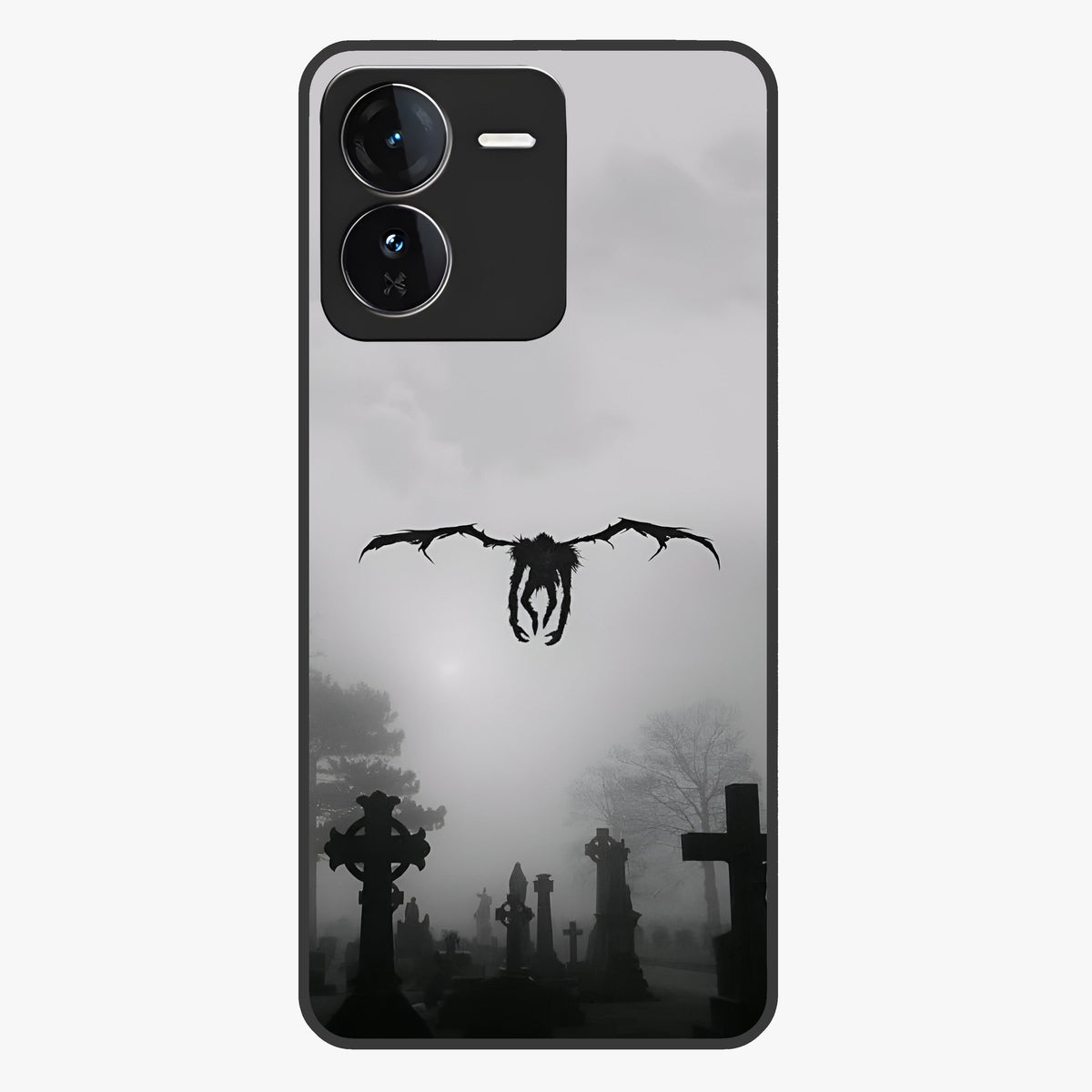 Graveyard Shadow Descent Glass Case showing flat back view with dark graveyard themed artwork and glossy glass finish.