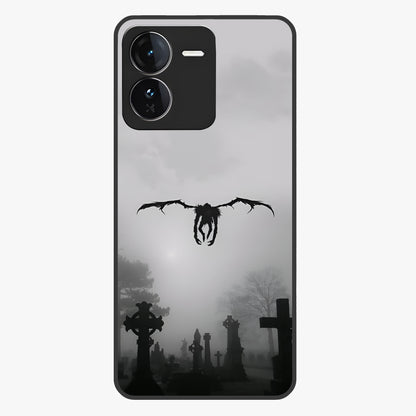 Graveyard Shadow Descent Glass Case showing flat back view with dark graveyard themed artwork and glossy glass finish.