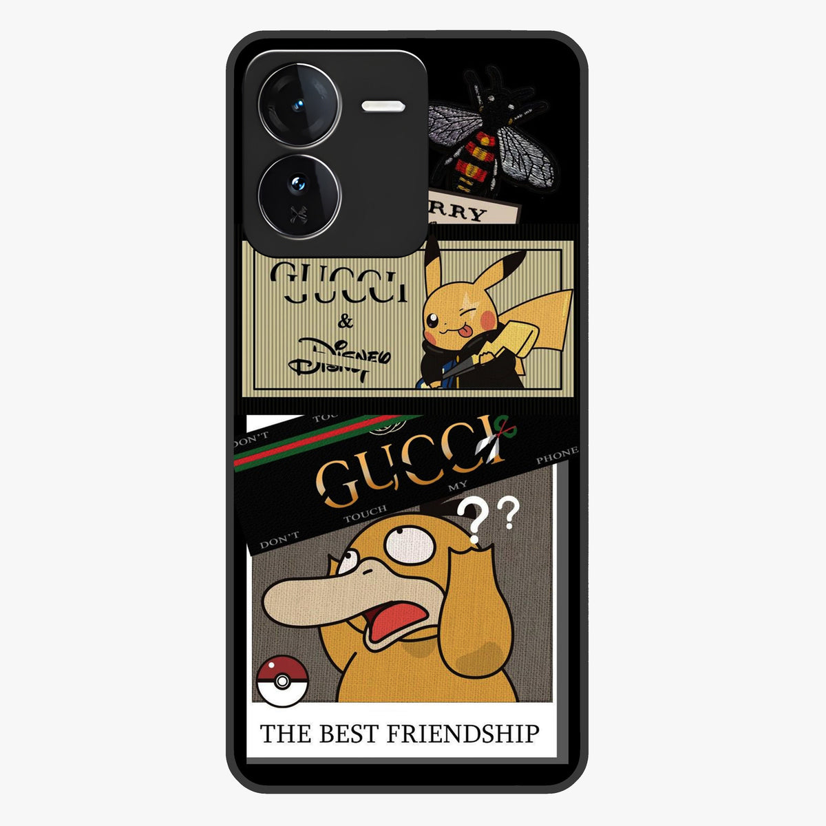 Gucci Play Mashup Glass Case showing flat back view with luxury inspired graphic artwork and glossy glass finish.