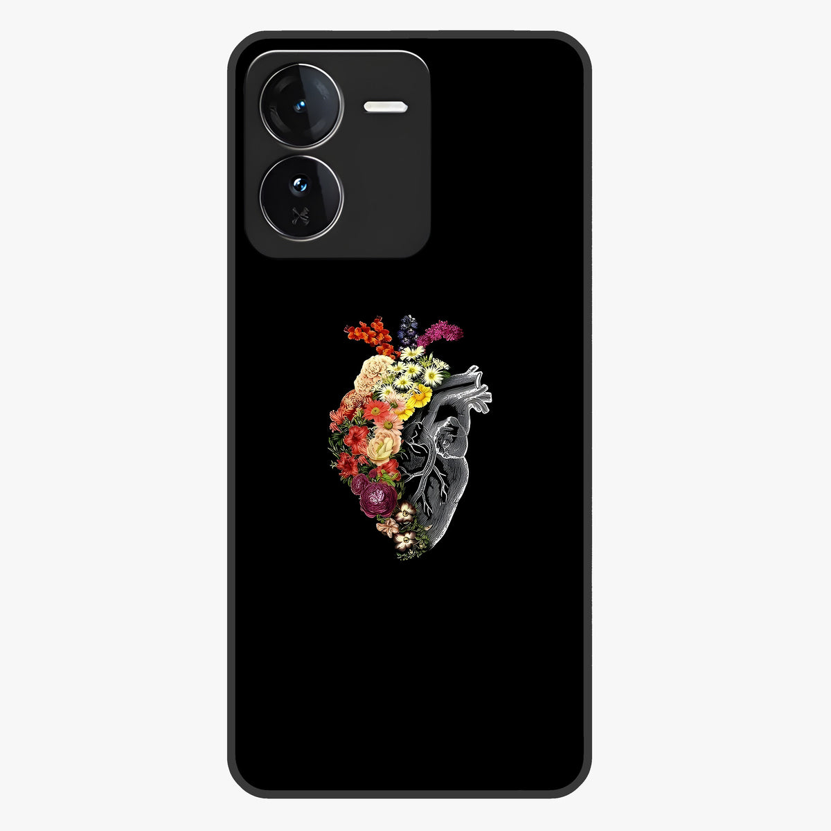 Heart With Flowers Glass Case showing flat back view with heart shaped floral artwork and glossy glass finish.