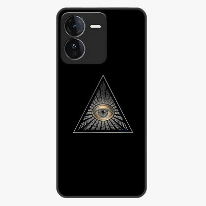Illuminati Evil Glass Case showing flat back view with mysterious illuminati symbol artwork and glossy glass finish.