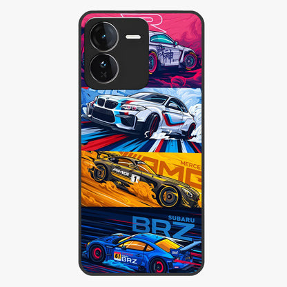 JDM Sports Car Glass Case showing flat back view with high performance sports car artwork and glossy glass finish.