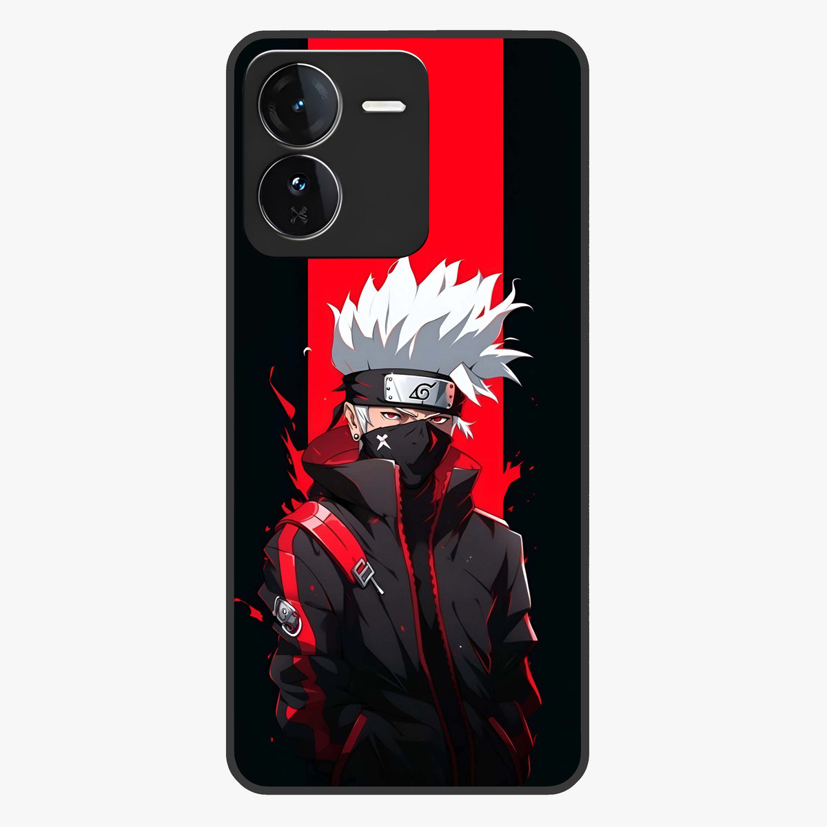 Kakashi Scarlet Shadow Glass Case showing flat back view with powerful anime ninja artwork and glossy glass finish.