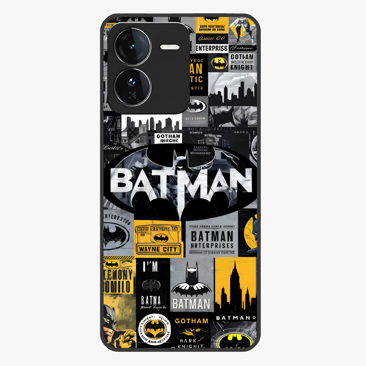 Knight Gotham Rise Glass Case showing flat back view with dark hero inspired artwork and glossy glass finish.