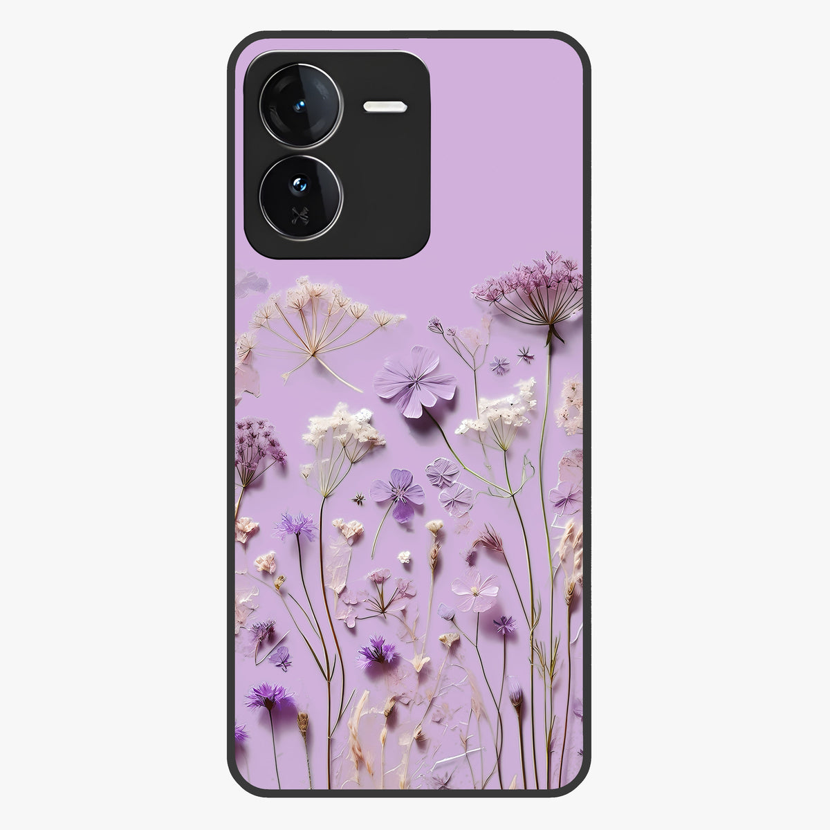 Lavender Blossom Dream Glass Case showing flat back view with soft lavender floral artwork and glossy glass finish.
