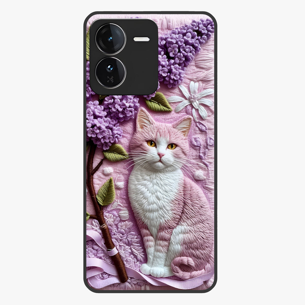 Lavender Cat Whimsy Glass Case showing flat back view with cute lavender cat artwork and glossy glass finish.