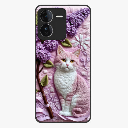 Lavender Cat Whimsy Glass Case showing flat back view with cute lavender cat artwork and glossy glass finish.
