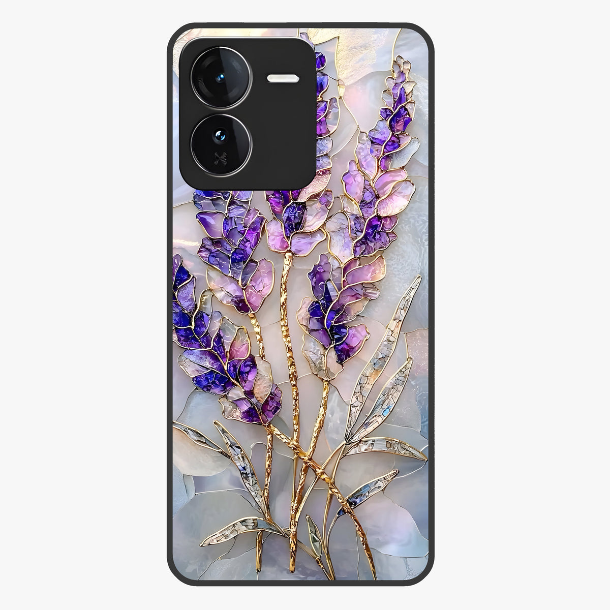 Lavender Dream Glow Glass Case showing flat back view with glowing lavender aesthetic artwork and glossy glass finish.