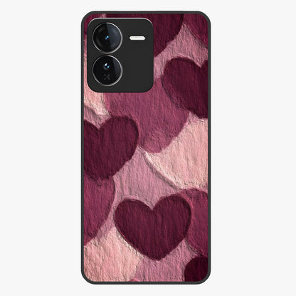 Layered Paper Hearts Glass Case showing flat back view with layered paper heart artwork and glossy glass finish.