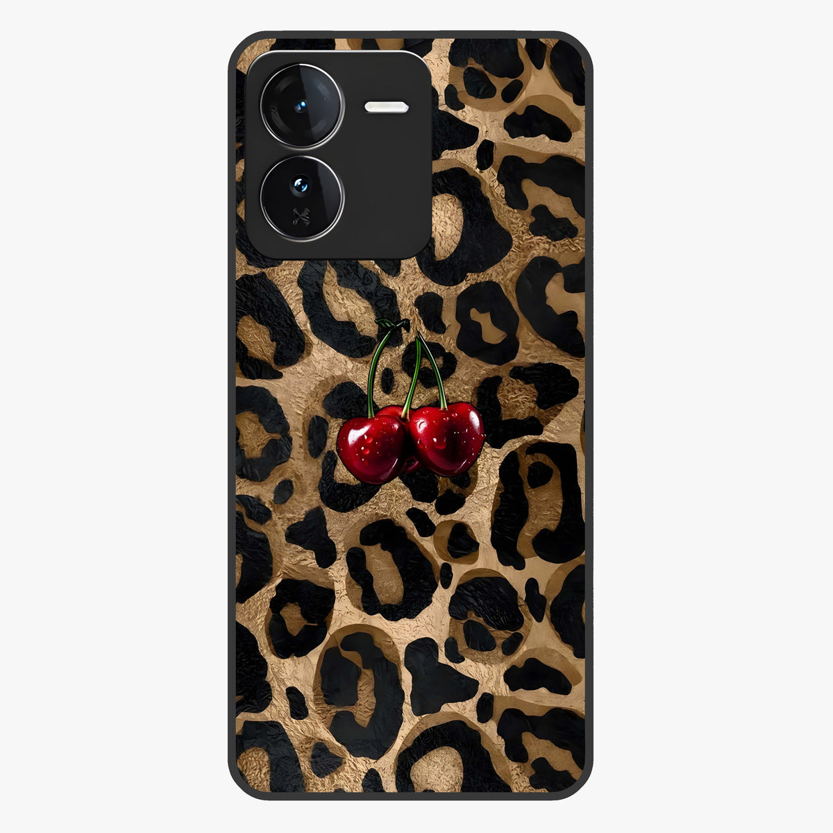 Leopard Wild Cherry Glass Case showing flat back view with leopard pattern and cherry artwork and glossy glass finish.