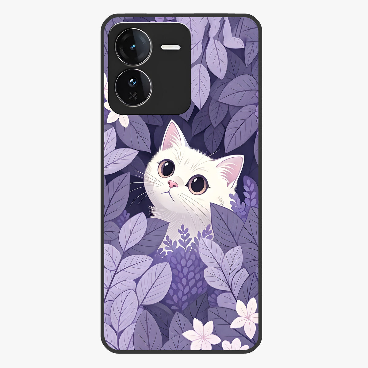 Lilac Hide Peek Cat Glass Case showing flat back view with cute peeking cat artwork and glossy glass finish.