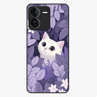 Lilac Hide Peek Cat Glass Case showing flat back view with cute peeking cat artwork and glossy glass finish.