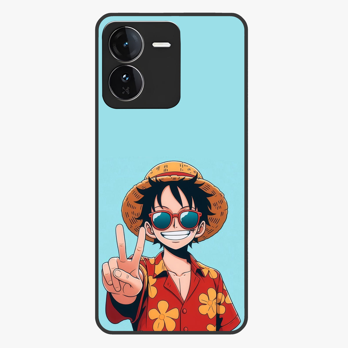 Luffy Summer Anime Vibe Glass Case showing flat back view with vibrant anime character artwork and glossy glass finish.