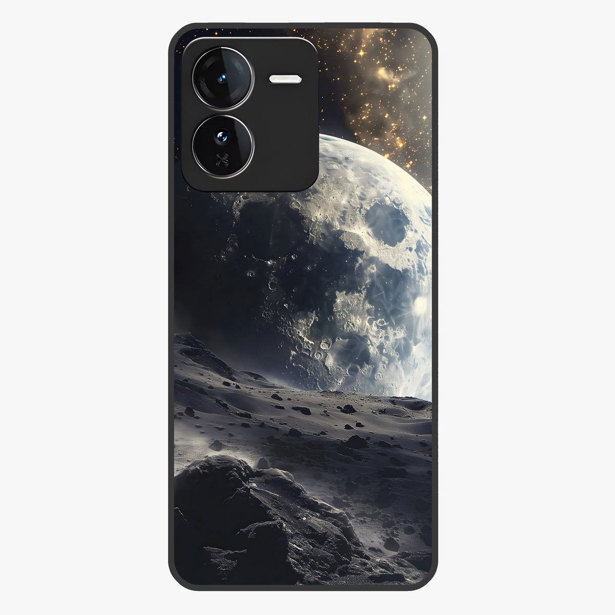 Lunar Horizon Glow Glass Case showing flat back view with glowing moon horizon artwork and glossy glass finish.