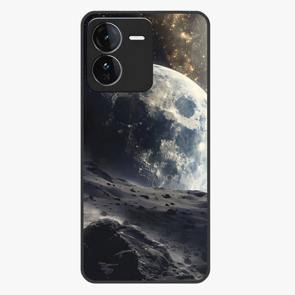 Lunar Horizon Glow Glass Case showing flat back view with glowing moon horizon artwork and glossy glass finish.