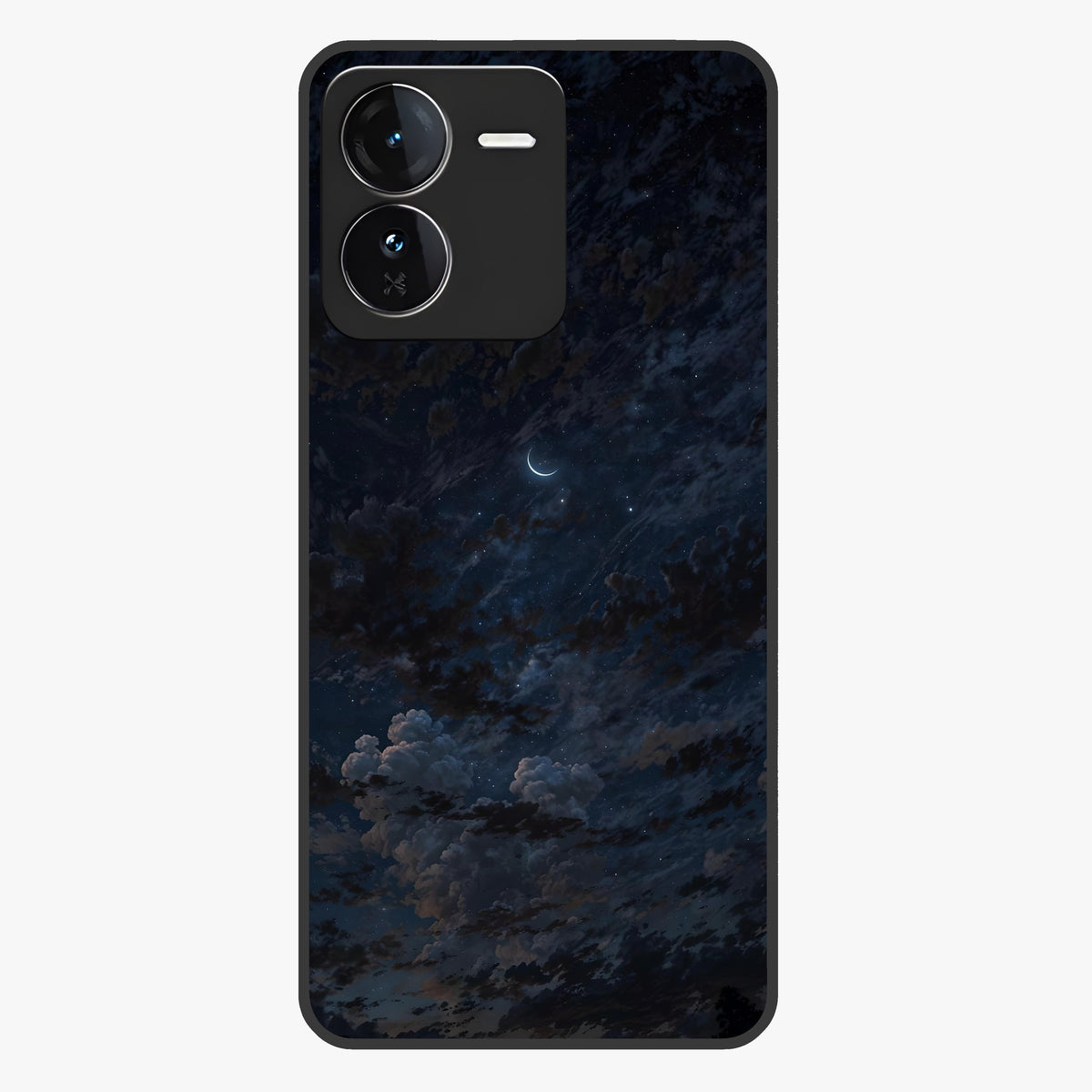 Lunar Veil Silence Glass Case showing flat back view with mystical moon veil artwork and glossy glass finish.