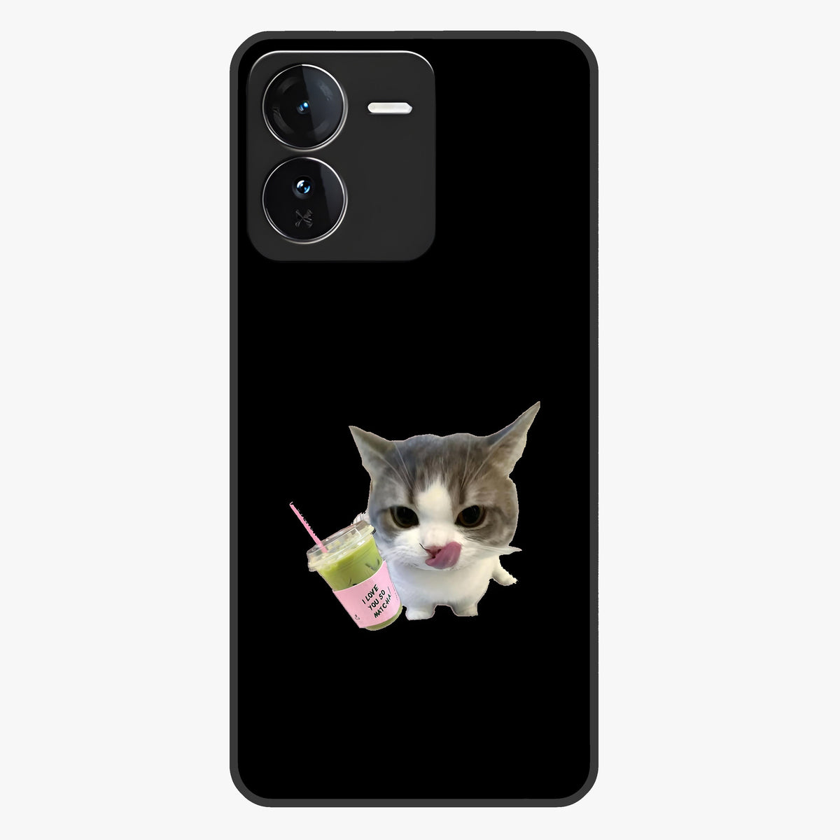 Matcha Cat Style Glass Case showing flat back view with cute matcha themed cat artwork and glossy glass finish.