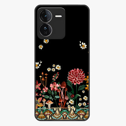 Midnight Bloom Pattern Glass Case showing flat back view with dark floral pattern artwork and glossy glass finish.