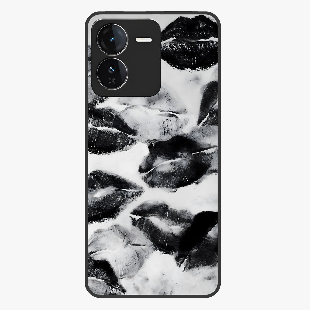 Midnight Kiss Marks Glass Case showing flat back view with lipstick kiss mark artwork and glossy glass finish.