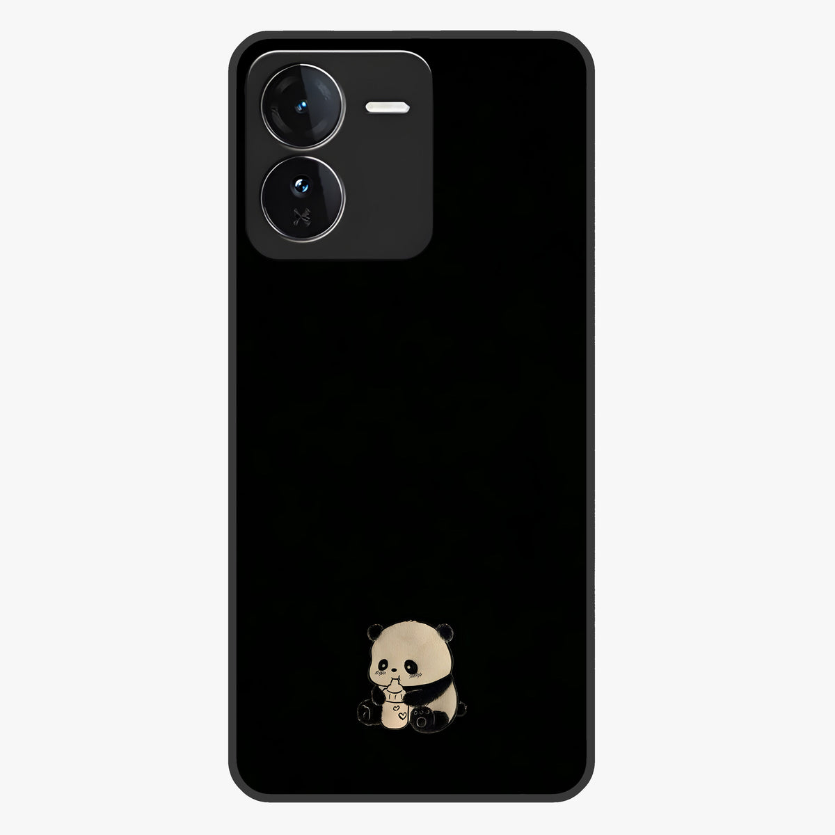 Midnight Panda Love Glass Case showing flat back view with cute panda themed artwork and glossy glass finish.