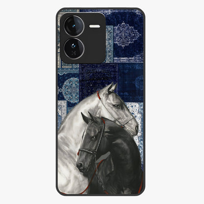 Midnight Stallion Blues Glass Case showing flat back view with majestic horse artwork and glossy glass finish.
