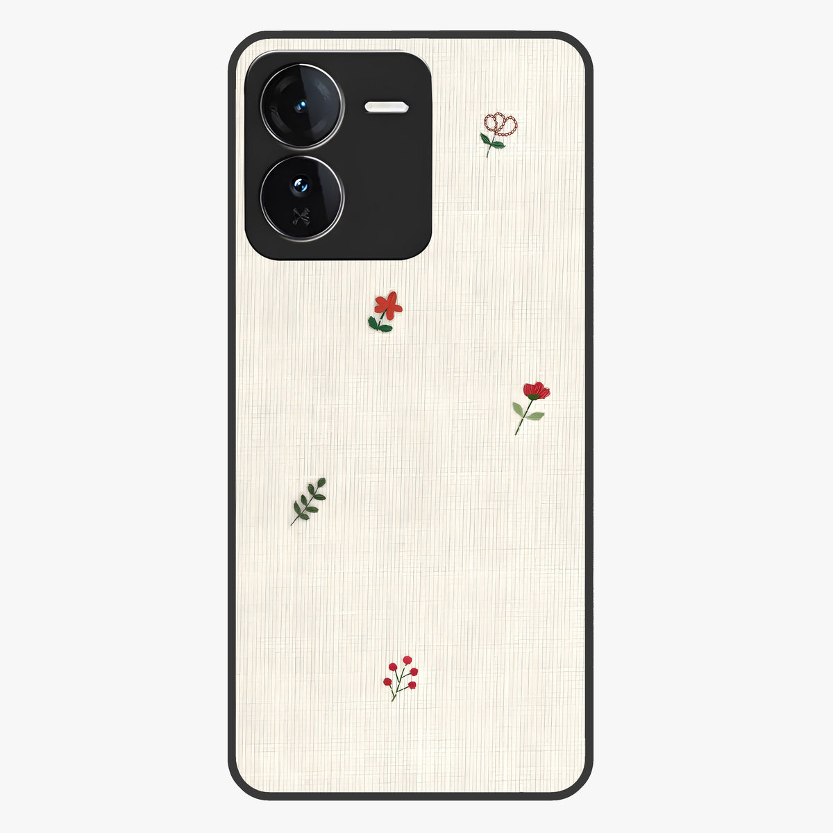 Minimal Petal Whispers Glass Case showing flat back view with soft minimal floral artwork and glossy glass finish.