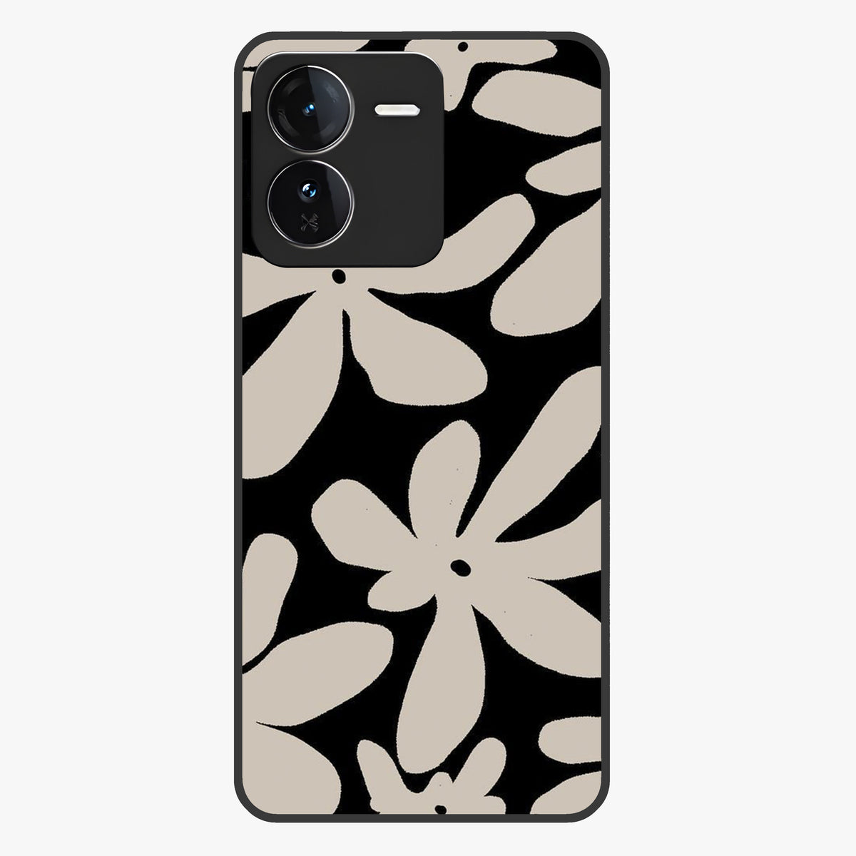 Monochrome Petal Dance Glass Case showing flat back view with monochrome floral artwork and glossy glass finish.