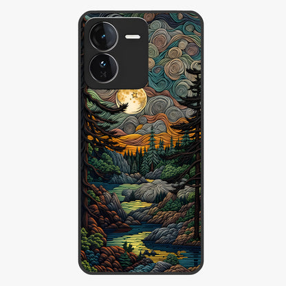 Moonlight Forest Dream Glass Case showing flat back view with mystical forest moonlight artwork and glossy glass finish.