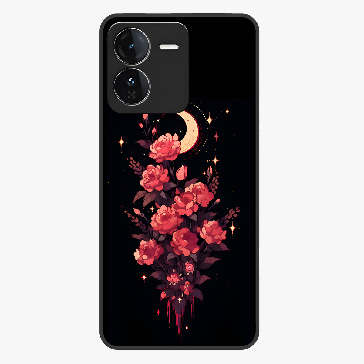 Moonlit Floral Elegance Glass Case showing flat back view with elegant floral artwork under moonlit tones and glossy glass finish.