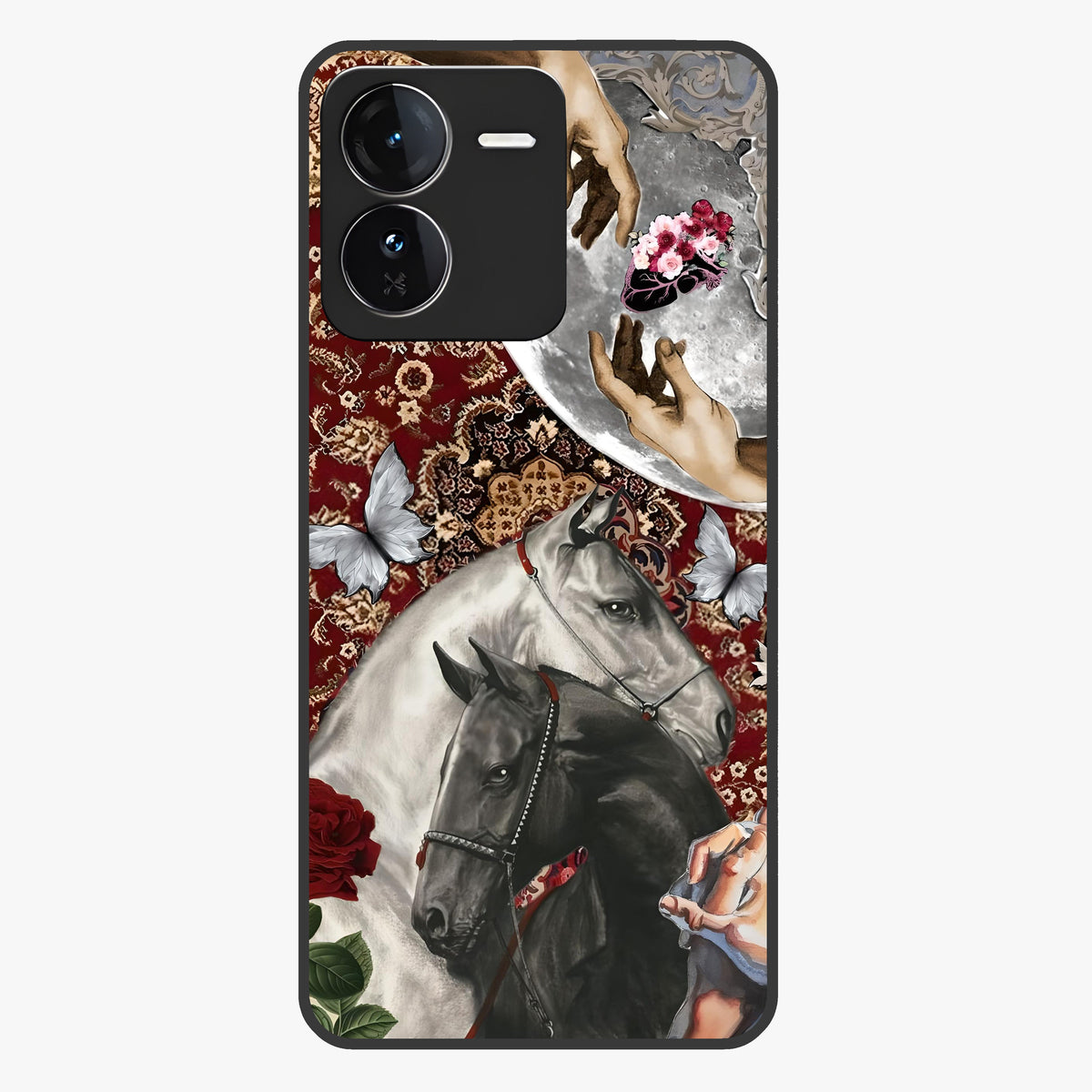 Moonlit Royal Stallion Glass Case showing flat back view with majestic horse under moonlight artwork and glossy glass finish.