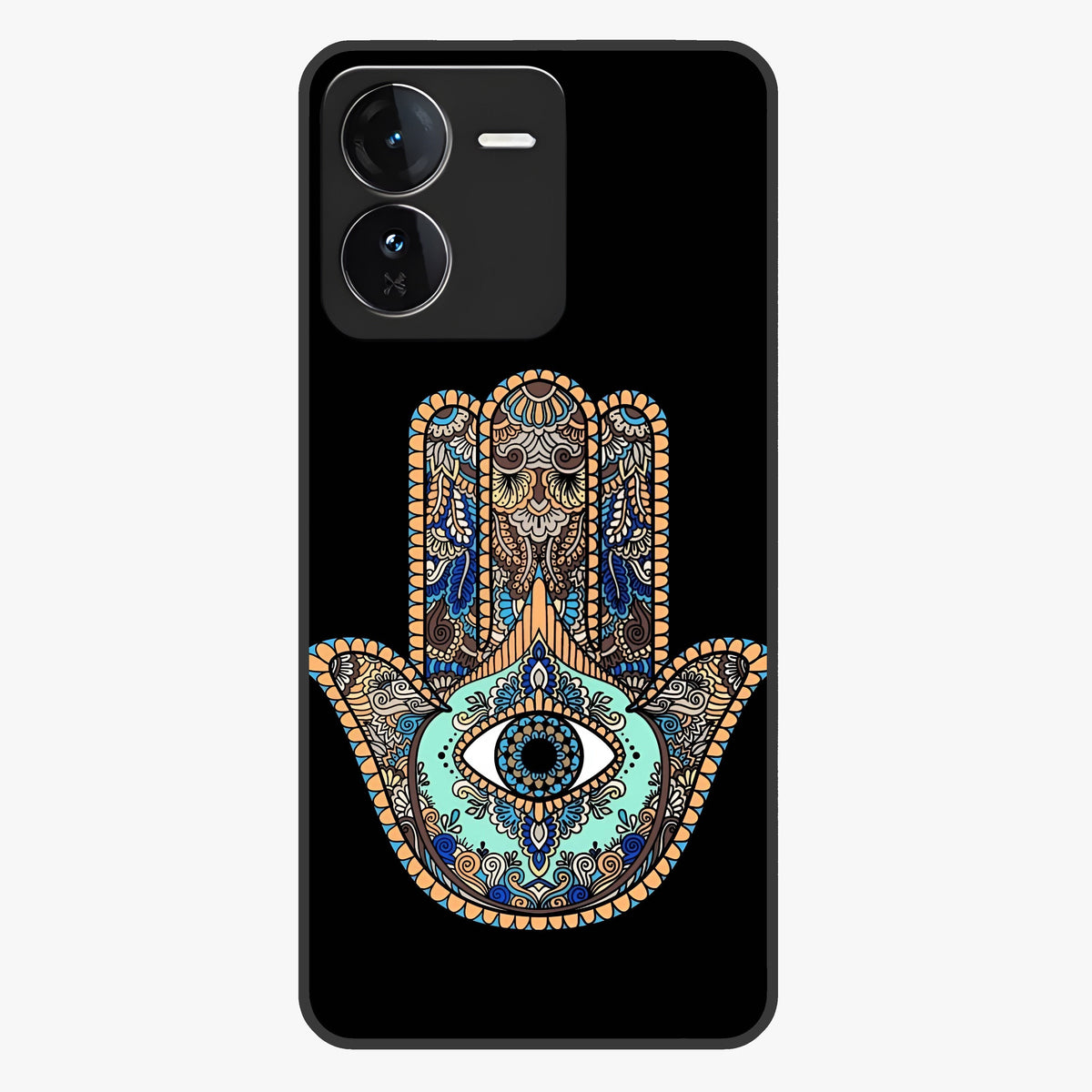 Mystic Hamsa Eye Glass Case showing flat back view with protective hamsa hand and evil eye artwork and glossy glass finish.