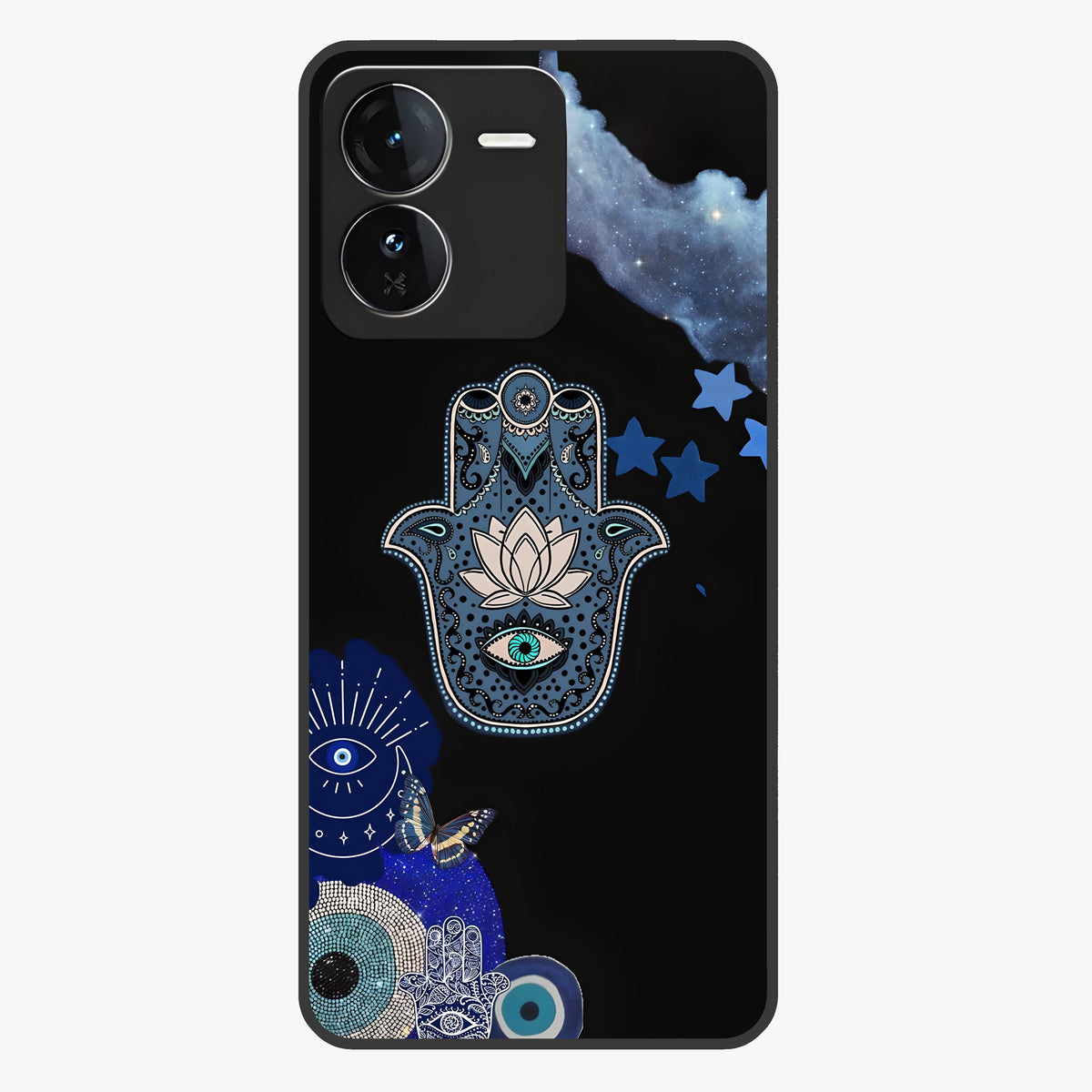 Mystic Hand Aura Glass Case showing flat back view with mystical hand symbol artwork and glossy glass finish.