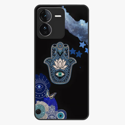 Mystic Hand Aura Glass Case showing flat back view with mystical hand symbol artwork and glossy glass finish.