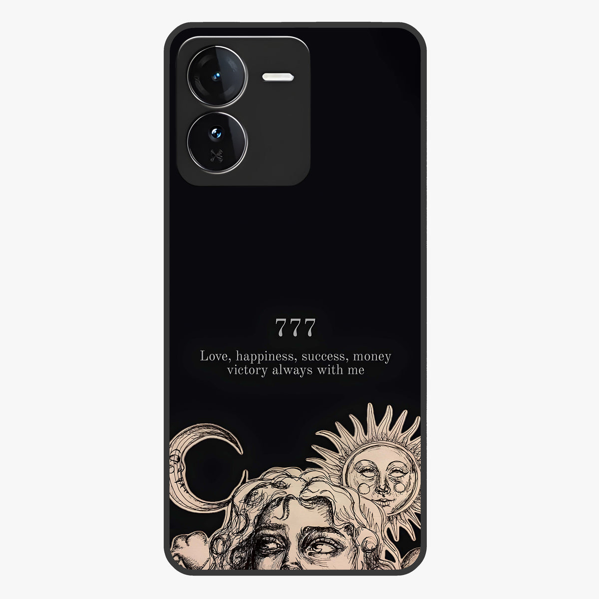 Mystic Victory Aura Glass Case showing flat back view with victory symbol artwork and glossy glass finish.