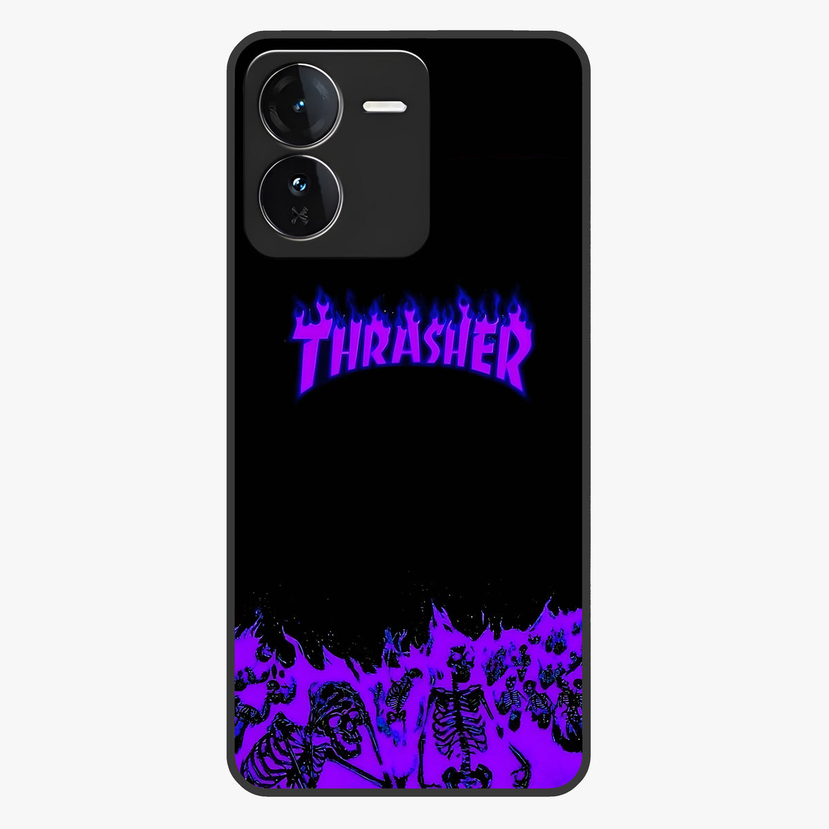 Neon Flame Riot Glass Case showing flat back view with neon flame artwork and glossy glass finish.