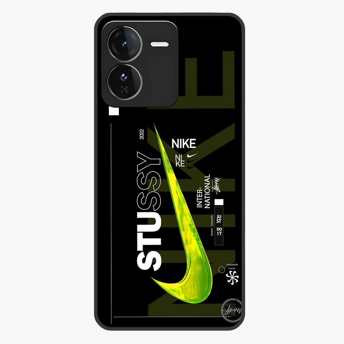 Neon Street Edition Glass Case showing flat back view with neon street style artwork and glossy glass finish.